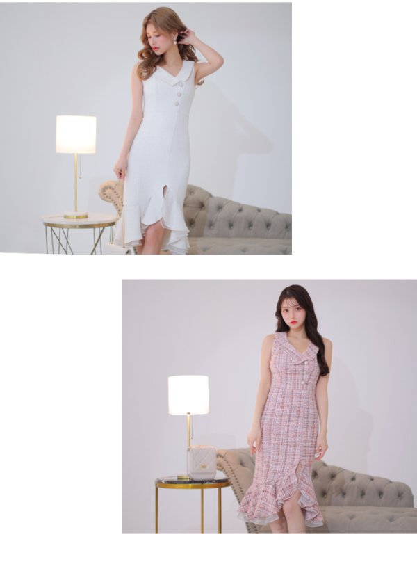 画像18: Lサイズあり【DEA./ディア】マーメイド/ ツイード/ ノースリーブ/ 膝丈/ 襟付き/ 裾フリル/ ワンピース/ ミディアムドレス/ キャバドレス【OF08】