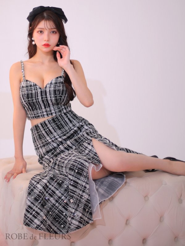 画像6: XSサイズあり【ROBE de FLEURS/ローブドフルール】ラメチェックツイード/ オーガンジー/ ロング/ セットアップ/ 裾フリル/ ロングドレス/ キャバドレス[OF08]