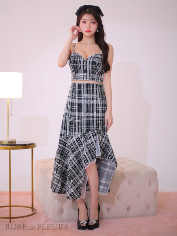 画像7: XSサイズあり【ROBE de FLEURS/ローブドフルール】ラメチェックツイード/ オーガンジー/ ロング/ セットアップ/ 裾フリル/ ロングドレス/ キャバドレス[OF08]