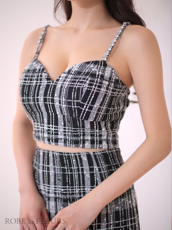 画像9: XSサイズあり【ROBE de FLEURS/ローブドフルール】ラメチェックツイード/ オーガンジー/ ロング/ セットアップ/ 裾フリル/ ロングドレス/ キャバドレス[OF08]