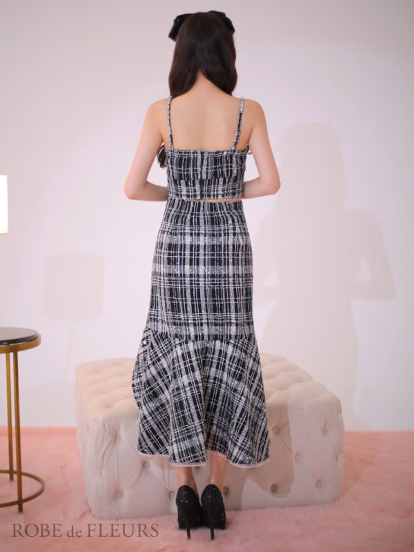 画像10: XSサイズあり【ROBE de FLEURS/ローブドフルール】ラメチェックツイード/ オーガンジー/ ロング/ セットアップ/ 裾フリル/ ロングドレス/ キャバドレス[OF08]