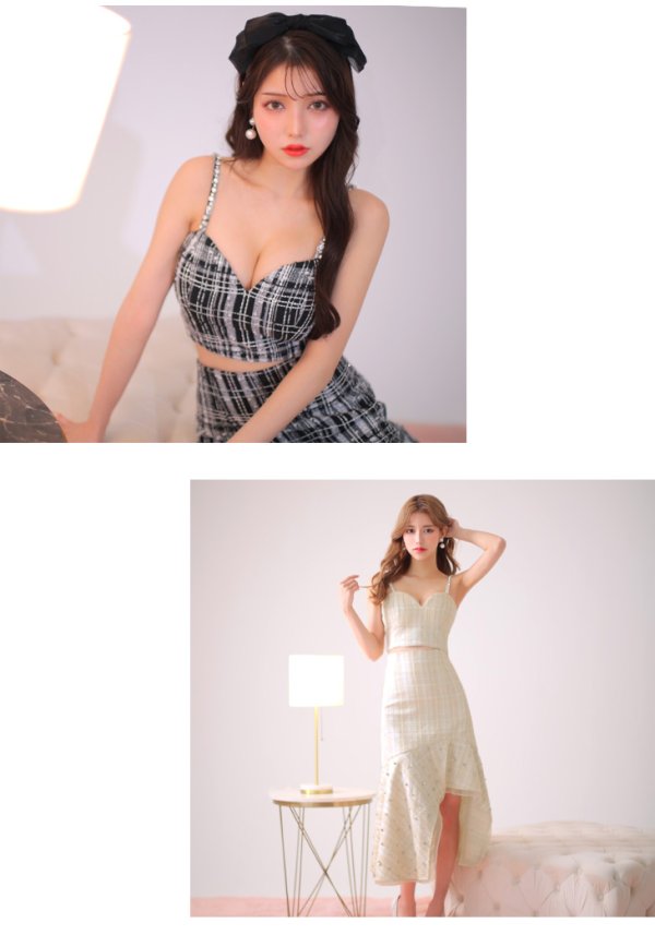 画像4: XSサイズあり【ROBE de FLEURS/ローブドフルール】ラメチェックツイード/ オーガンジー/ ロング/ セットアップ/ 裾フリル/ ロングドレス/ キャバドレス[OF08]