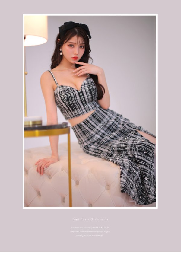 画像12: XSサイズあり【ROBE de FLEURS/ローブドフルール】ラメチェックツイード/ オーガンジー/ ロング/ セットアップ/ 裾フリル/ ロングドレス/ キャバドレス[OF08]