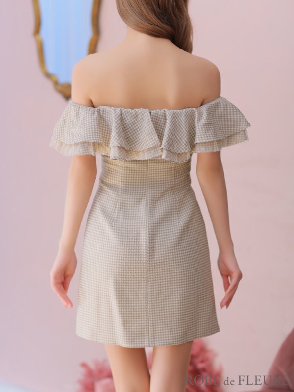 画像8: XSサイズあり【ROBE de FLEURS/ローブドフルール】フリルオフショルダー/ ツイード/ 千鳥柄/ リボンモチーフ/ Aライン/ ミニドレス/ キャバドレス[OF08]