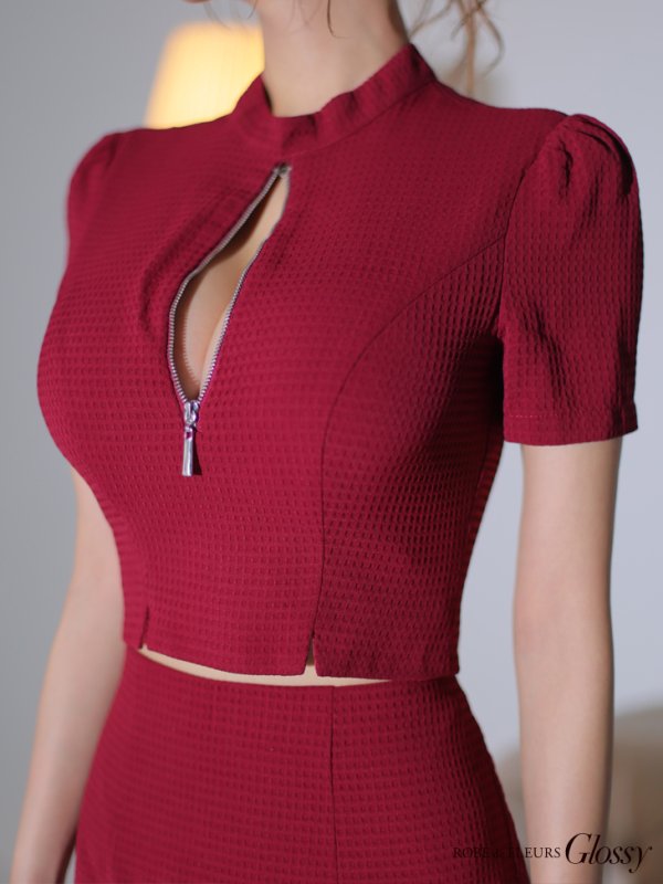 画像7: XSサイズあり【Glossy/グロッシー】フロントジッパー/ セットアップ/ 袖あり/ 半袖/ シンプル/ ワンカラー/ ストレッチ/ タイト/ ミニドレス/ キャバドレス[OF08]