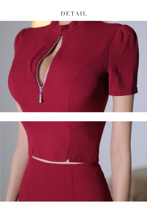 画像12: XSサイズあり【Glossy/グロッシー】フロントジッパー/ セットアップ/ 袖あり/ 半袖/ シンプル/ ワンカラー/ ストレッチ/ タイト/ ミニドレス/ キャバドレス[OF08]