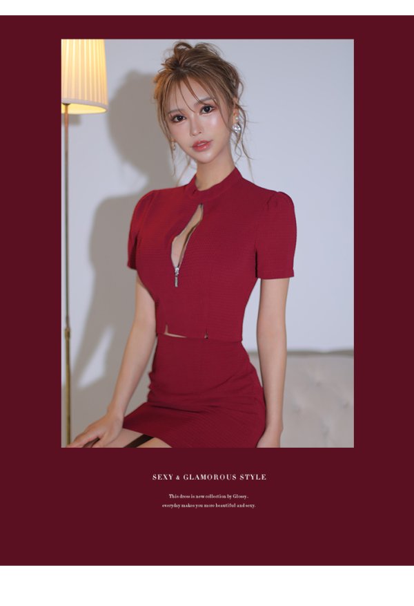 画像10: XSサイズあり【Glossy/グロッシー】フロントジッパー/ セットアップ/ 袖あり/ 半袖/ シンプル/ ワンカラー/ ストレッチ/ タイト/ ミニドレス/ キャバドレス[OF08]