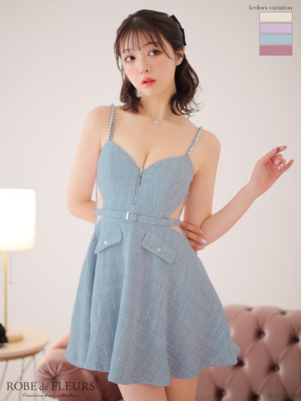 画像2: XSサイズあり【ROBE de FLEURS/ローブドフルール】サイドシアー/ フロントジップ/ ビジュー/ フレア/ ミニドレス/ キャバドレス[OF2]