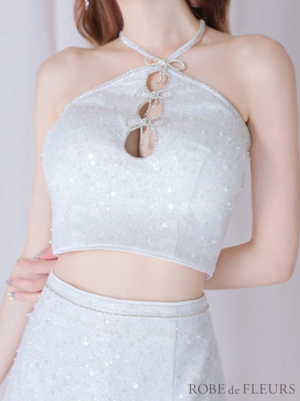 画像7: XSサイズあり【ROBE de FLEURS/ローブドフルール】フロントホール/ トリプルリボン/ ホルターネック/ ラメ/ セットアップ/ ミニドレス/ キャバドレス[OF08]