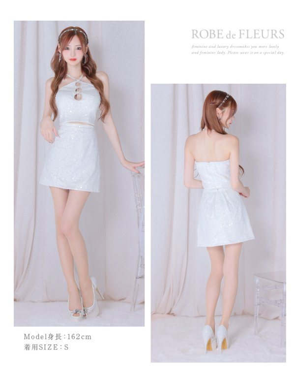 画像12: XSサイズあり【ROBE de FLEURS/ローブドフルール】フロントホール/ トリプルリボン/ ホルターネック/ ラメ/ セットアップ/ ミニドレス/ キャバドレス[OF08]