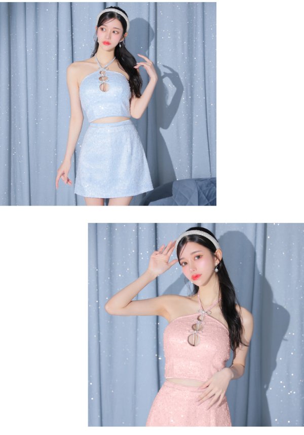 画像10: XSサイズあり【ROBE de FLEURS/ローブドフルール】フロントホール/ トリプルリボン/ ホルターネック/ ラメ/ セットアップ/ ミニドレス/ キャバドレス[OF08]