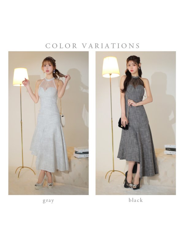 画像12: Lサイズあり【DEA./ディア】ラメツイード/ オーガンジー/ ハイネック/ ノースリーブ/ 膝丈/ アシンメトリー/ ワンピース/ ミディアムドレス/ キャバドレス【OF08】