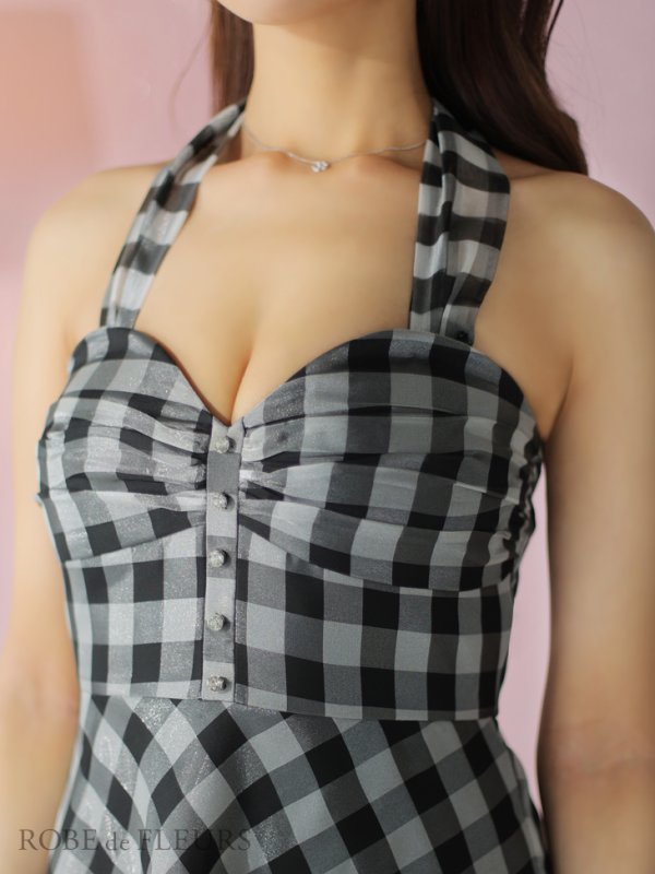 画像3: 【ROBE de FLEURS/ローブドフルール】オーガンジー/ チェック/ ノースリーブ/ Aライン/ フレア/ セットアップ/ ミディアムドレス/ キャバドレス[OF08]