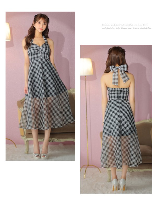 画像7: 【ROBE de FLEURS/ローブドフルール】オーガンジー/ チェック/ ノースリーブ/ Aライン/ フレア/ セットアップ/ ミディアムドレス/ キャバドレス[OF08]