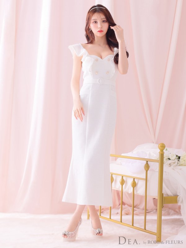画像5: Lサイズあり【DEA./ディア】肩フリル/ ダブルボタン/ スリット/ ミモレ丈/ ミディアムドレス/ キャバドレス【OF08】