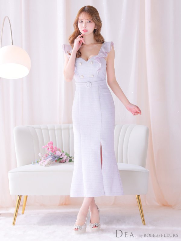 画像23: Lサイズあり【DEA./ディア】肩フリル/ ダブルボタン/ スリット/ ミモレ丈/ ミディアムドレス/ キャバドレス【OF08】