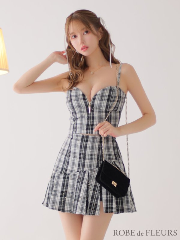 画像3: XSサイズあり【ROBE de FLEURS/ローブドフルール】セットアップ/ ツイード/ チェック/ キャミソール/ フロントジップ/ フレア/ ミニドレス/ キャバドレス[OF08]