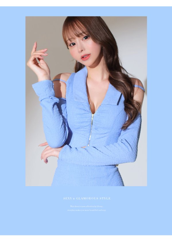 画像11: XSサイズあり【Glossy/グロッシー】フロントジッパー/ オフショル/ ロングスリーブ/ 袖あり/ ワンカラー/ 台形スカート/ セットアップ/ ミニドレス/ キャバドレス[OF08]