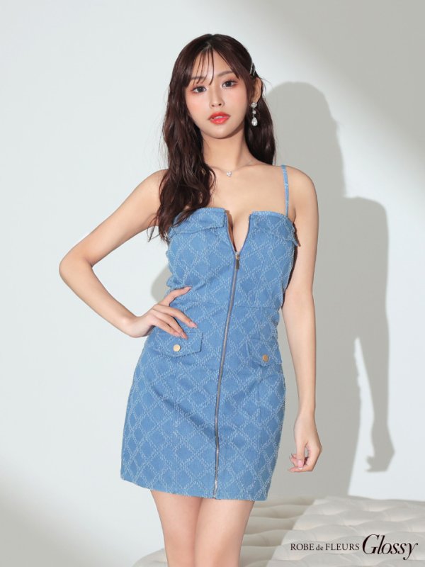 画像23: XSサイズあり【Glossy/グロッシー】センタージップ/ デニム/ セットアップ/ キャミソール/ タイト/ ミニドレス/ キャバドレス[OF08]