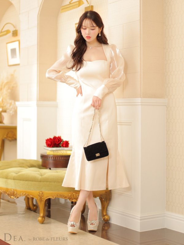 画像3: Lサイズあり【DEA./ディア】マーメイド/ オーガンジースリーブ/ スクエアネック/ サマー/ サテン/ ワンピース/ ロングドレス/ キャバドレス long[OF08]