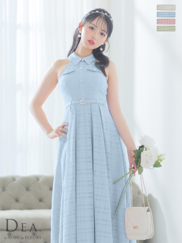 Lサイズあり【DEA.by ROBE de FLEURS/ディアバイローブドフルール】襟付き/ ホルターネック/ チェックレース/ フレア/ ミディアムドレス/ キャバドレス　ブルー