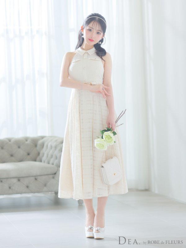 画像4: Lサイズあり【DEA./ディア】襟付き/ ホルターネック/ チェックレース/ フレア/ ミディアムドレス/ キャバドレス【OF08】