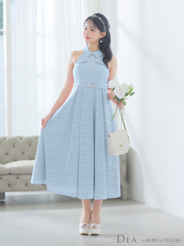 画像5: Lサイズあり【DEA./ディア】襟付き/ ホルターネック/ チェックレース/ フレア/ ミディアムドレス/ キャバドレス【OF08】