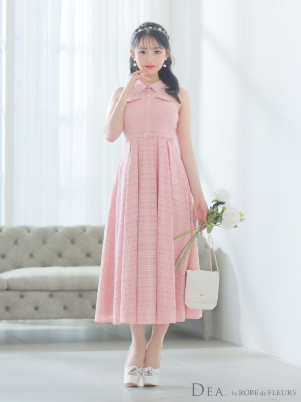 画像6: Lサイズあり【DEA./ディア】襟付き/ ホルターネック/ チェックレース/ フレア/ ミディアムドレス/ キャバドレス【OF08】