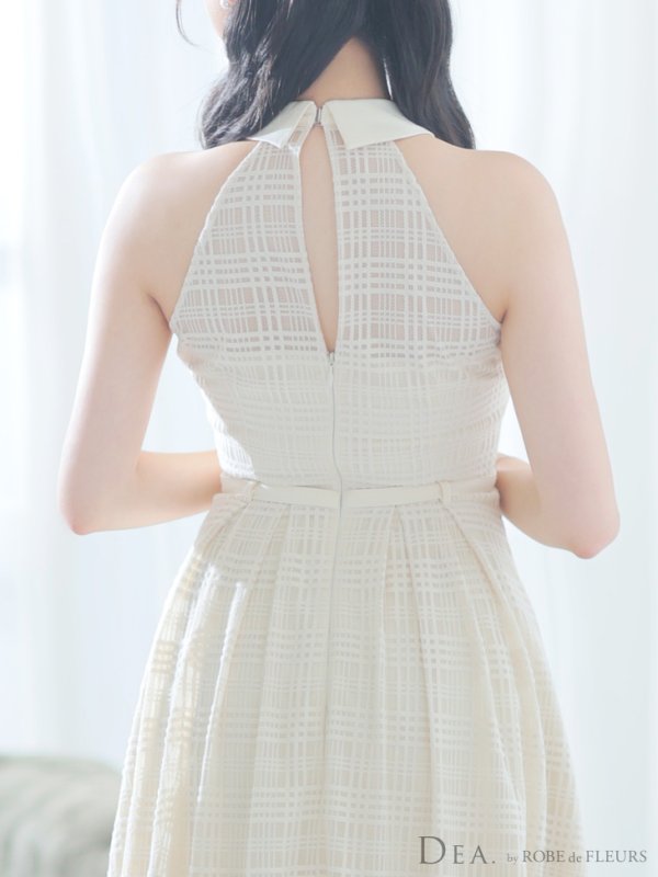 画像7: Lサイズあり【DEA./ディア】襟付き/ ホルターネック/ チェックレース/ フレア/ ミディアムドレス/ キャバドレス【OF08】