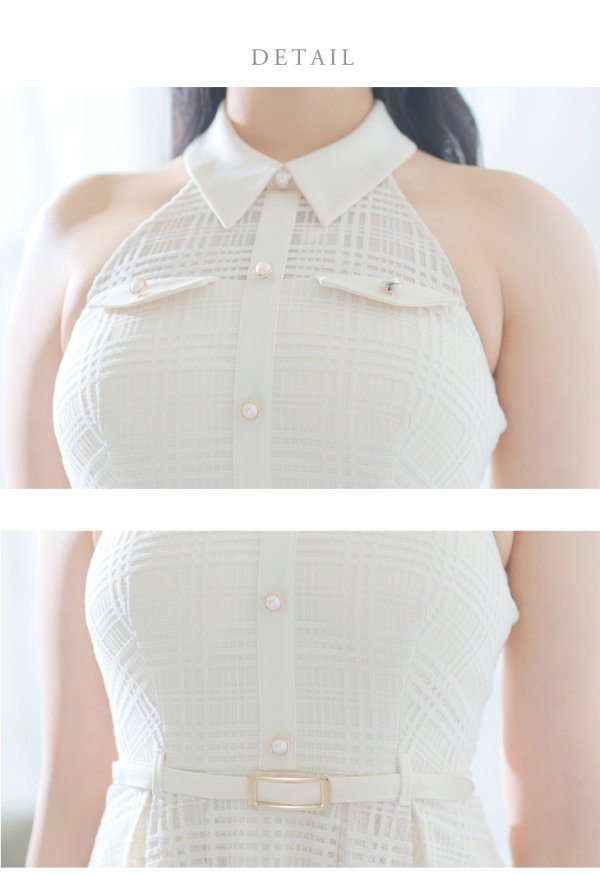 画像11: Lサイズあり【DEA./ディア】襟付き/ ホルターネック/ チェックレース/ フレア/ ミディアムドレス/ キャバドレス【OF08】