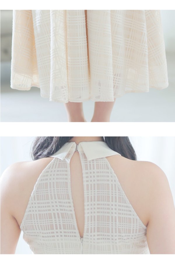 画像12: Lサイズあり【DEA./ディア】襟付き/ ホルターネック/ チェックレース/ フレア/ ミディアムドレス/ キャバドレス【OF08】