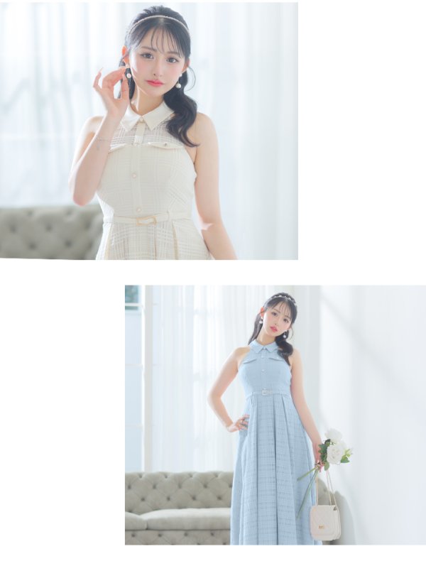 画像8: Lサイズあり【DEA./ディア】襟付き/ ホルターネック/ チェックレース/ フレア/ ミディアムドレス/ キャバドレス【OF08】