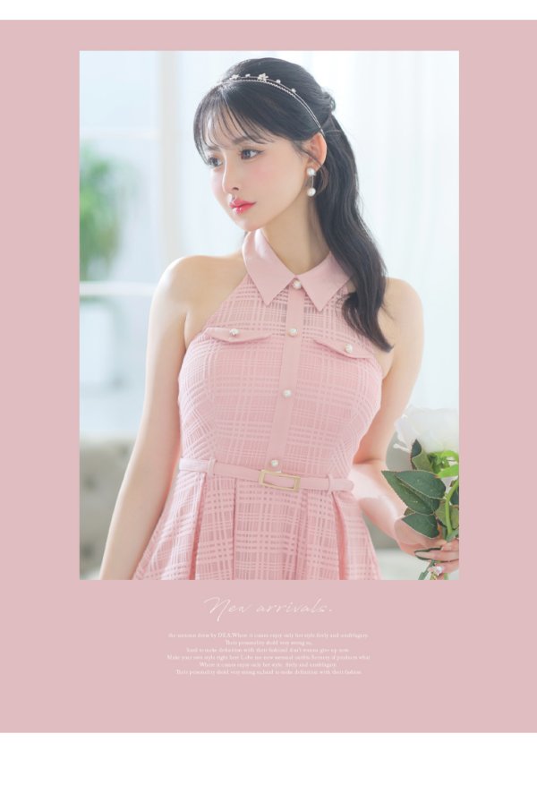 画像9: Lサイズあり【DEA./ディア】襟付き/ ホルターネック/ チェックレース/ フレア/ ミディアムドレス/ キャバドレス【OF08】