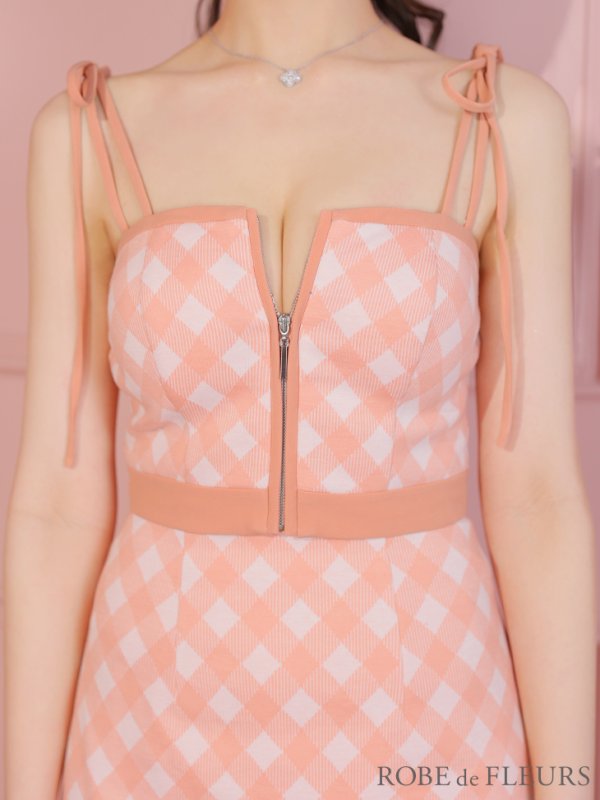 画像3: XSサイズあり【ROBE de FLEURS/ローブドフルール】バストジッパー/ ショルダーリボン/ チェック/ セットアップ/ ストレッチ/ ミニドレス/ キャバドレス[OF08]