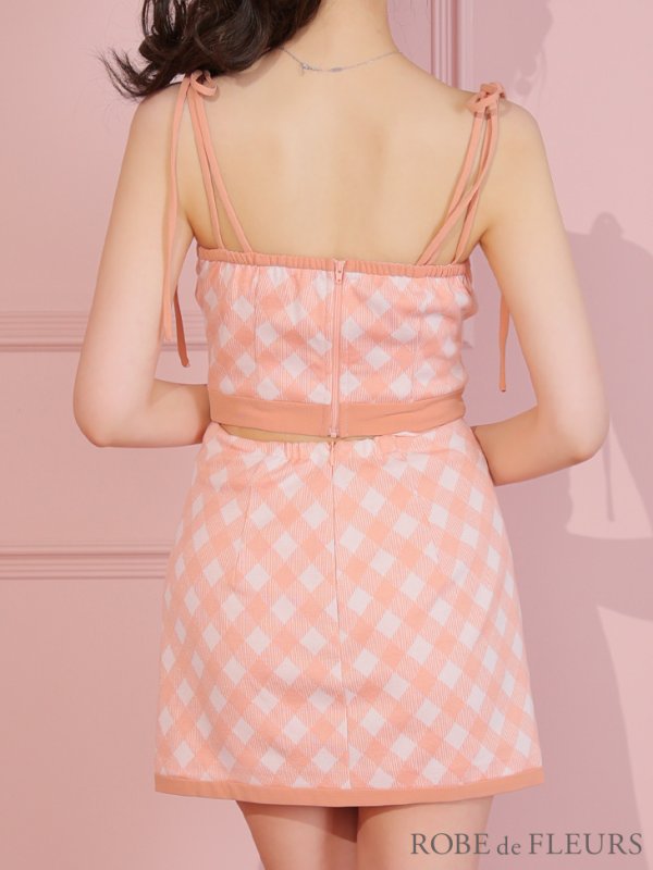 画像5: XSサイズあり【ROBE de FLEURS/ローブドフルール】バストジッパー/ ショルダーリボン/ チェック/ セットアップ/ ストレッチ/ ミニドレス/ キャバドレス[OF08]