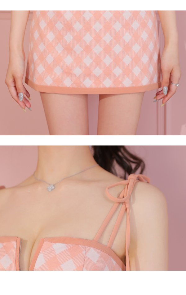 画像9: XSサイズあり【ROBE de FLEURS/ローブドフルール】バストジッパー/ ショルダーリボン/ チェック/ セットアップ/ ストレッチ/ ミニドレス/ キャバドレス[OF08]