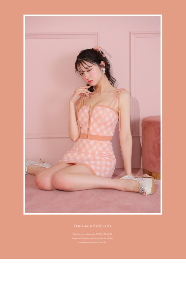 画像6: XSサイズあり【ROBE de FLEURS/ローブドフルール】バストジッパー/ ショルダーリボン/ チェック/ セットアップ/ ストレッチ/ ミニドレス/ キャバドレス[OF08]