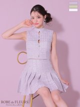 XSサイズあり【ROBE de FLEURS/ローブドフルール】ラメツイード/ ビジュー/ ボタン/ セットアップ/ ノースリーブ/ フレア/ ミニドレス/ キャバドレス[OF2]