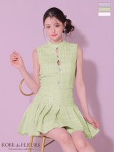 XSサイズあり【ROBE de FLEURS/ローブドフルール】ラメツイード/ ビジュー/ ボタン/ セットアップ/ ノースリーブ/ フレア/ ミニドレス/ キャバドレス[OF2]