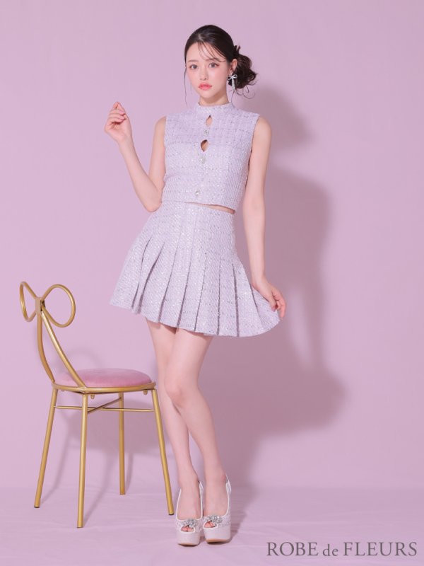 画像4: XSサイズあり【ROBE de FLEURS/ローブドフルール】ラメツイード/ ビジュー/ ボタン/ セットアップ/ ノースリーブ/ フレア/ ミニドレス/ キャバドレス[OF08]