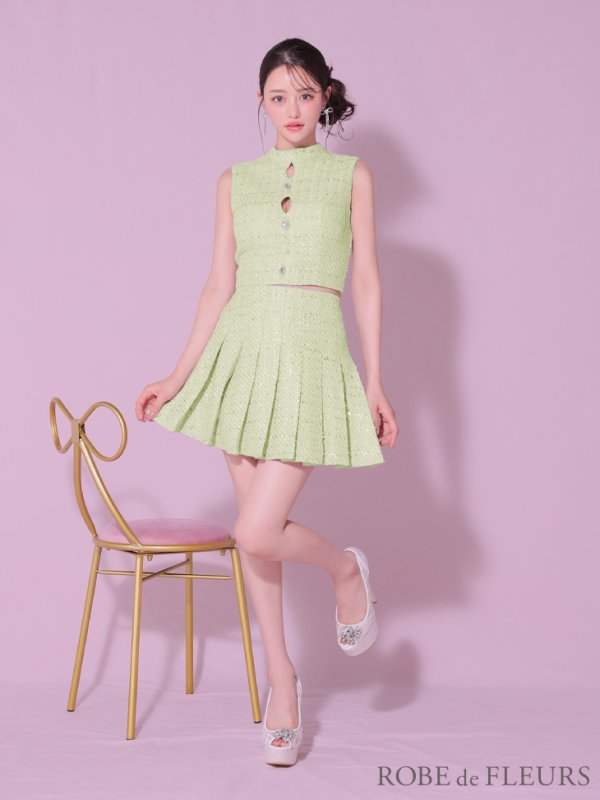 画像5: XSサイズあり【ROBE de FLEURS/ローブドフルール】ラメツイード/ ビジュー/ ボタン/ セットアップ/ ノースリーブ/ フレア/ ミニドレス/ キャバドレス[OF08]