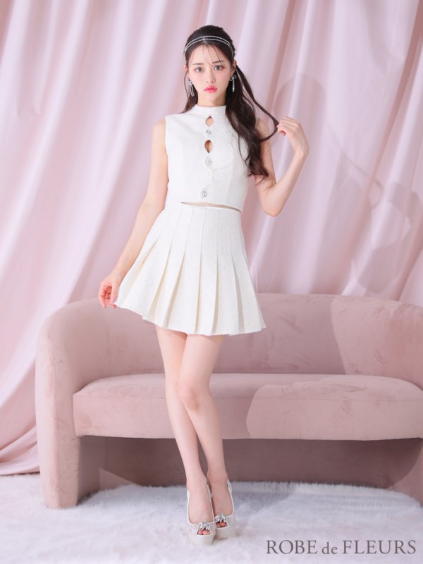 画像6: XSサイズあり【ROBE de FLEURS/ローブドフルール】ラメツイード/ ビジュー/ ボタン/ セットアップ/ ノースリーブ/ フレア/ ミニドレス/ キャバドレス[OF08]