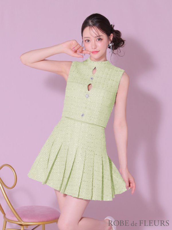 画像9: XSサイズあり【ROBE de FLEURS/ローブドフルール】ラメツイード/ ビジュー/ ボタン/ セットアップ/ ノースリーブ/ フレア/ ミニドレス/ キャバドレス[OF08]