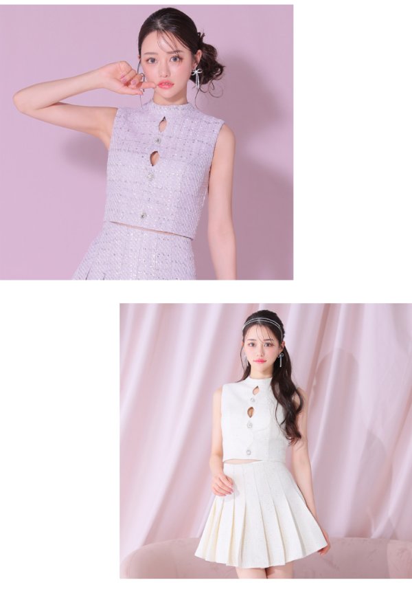 画像10: XSサイズあり【ROBE de FLEURS/ローブドフルール】ラメツイード/ ビジュー/ ボタン/ セットアップ/ ノースリーブ/ フレア/ ミニドレス/ キャバドレス[OF08]