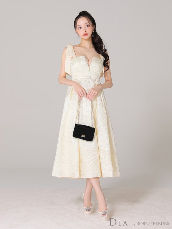 画像3: Lサイズあり【DEA./ディア】ジャガード/ フレア/ サテンリボン/ ミモレ丈/ ミディアムドレス/ キャバドレス【OF08】