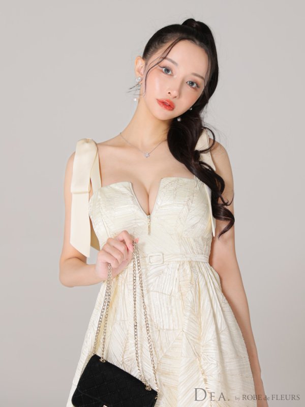 画像4: Lサイズあり【DEA./ディア】ジャガード/ フレア/ サテンリボン/ ミモレ丈/ ミディアムドレス/ キャバドレス【OF08】