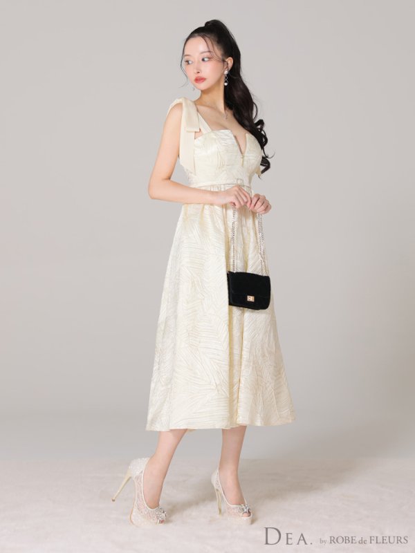 画像5: Lサイズあり【DEA./ディア】ジャガード/ フレア/ サテンリボン/ ミモレ丈/ ミディアムドレス/ キャバドレス【OF08】