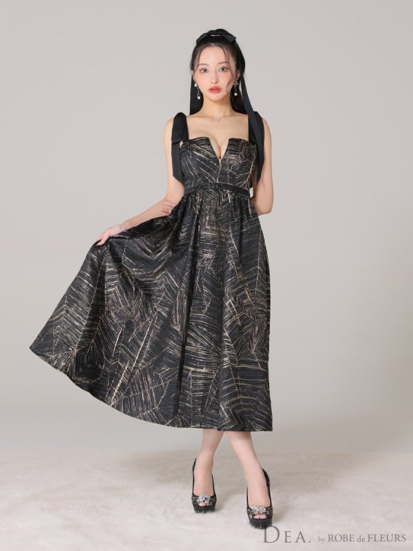 画像12: Lサイズあり【DEA./ディア】ジャガード/ フレア/ サテンリボン/ ミモレ丈/ ミディアムドレス/ キャバドレス【OF08】