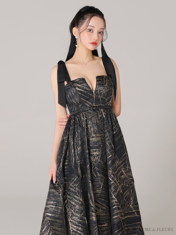 画像13: Lサイズあり【DEA./ディア】ジャガード/ フレア/ サテンリボン/ ミモレ丈/ ミディアムドレス/ キャバドレス【OF08】