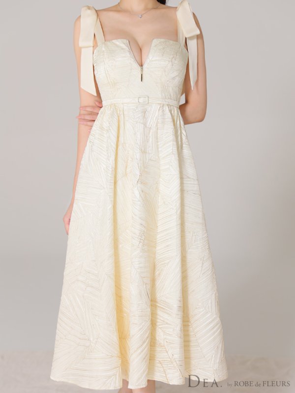 画像7: Lサイズあり【DEA./ディア】ジャガード/ フレア/ サテンリボン/ ミモレ丈/ ミディアムドレス/ キャバドレス【OF08】